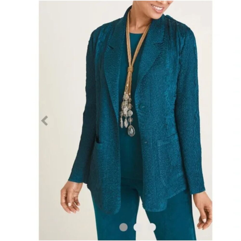NWT Chicos Travelers Crushed Short Blazer Jacket‎ Size 4/6 Teal Lightweight Glam